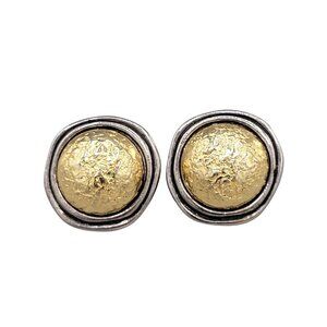 Liz Claiborne Two Tone Metal Button Earrings Domed Modernist Signed Vtg